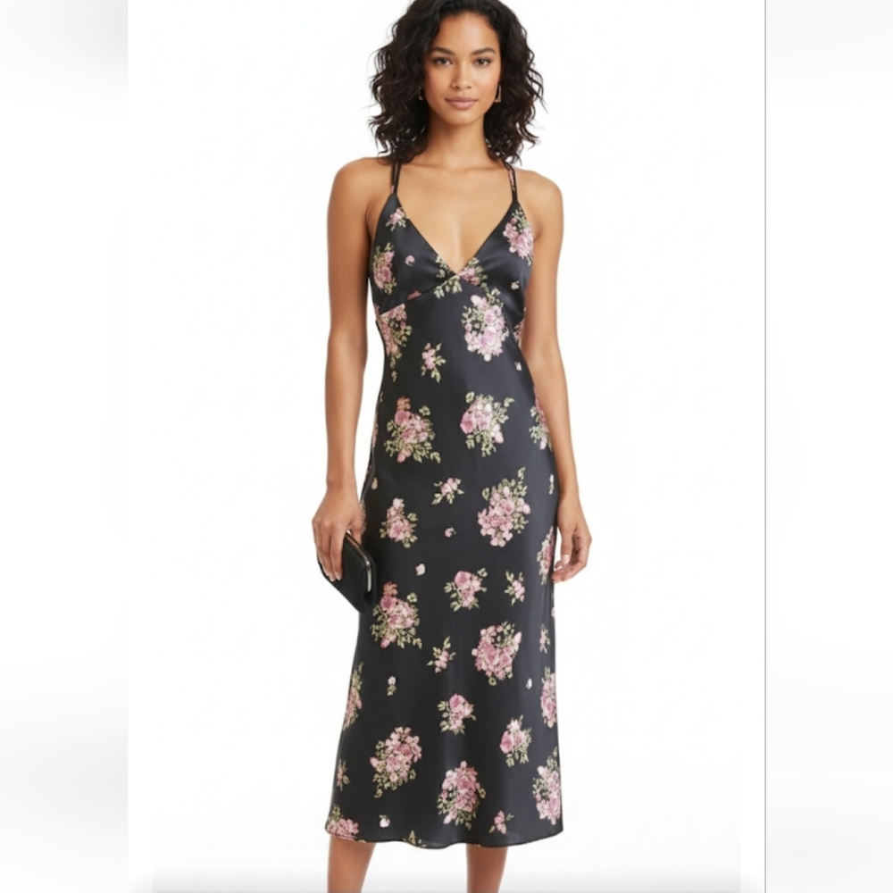 Zara Black Slip Dress with Pink Floral Design - Picture 1 of 12